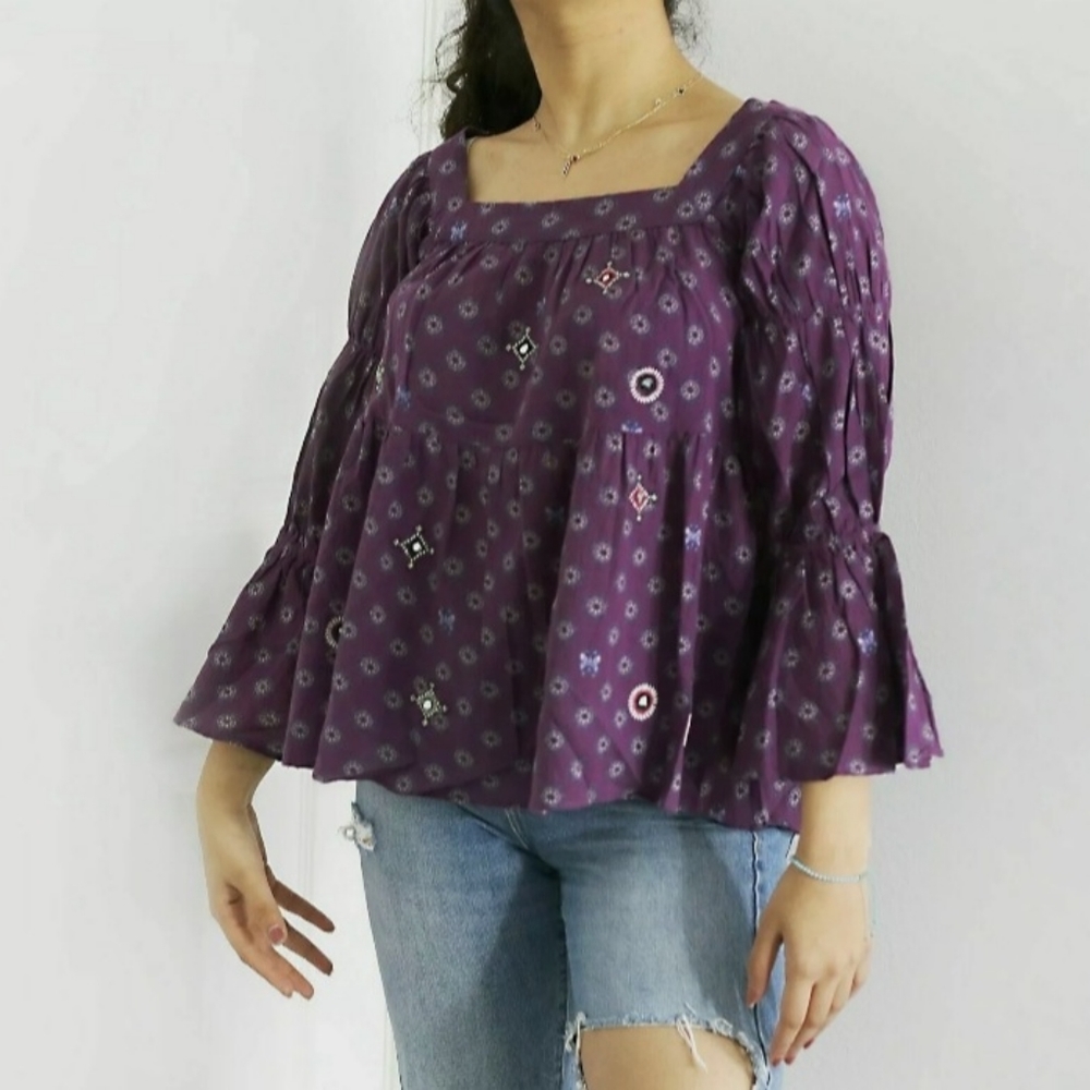 ODD MOLLY, 274 Printed Peasant Top, size 1, Purple